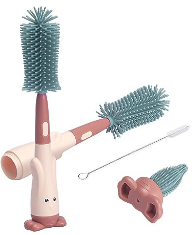 Alyvisun Cepillo Limpia Biberones de Silicona con Cepillo para Tetinas y Pajitas, Cepillo para Biberones [Grado Alimenticio/Sin Rayones] Almacenamiento Vertical, Rojo