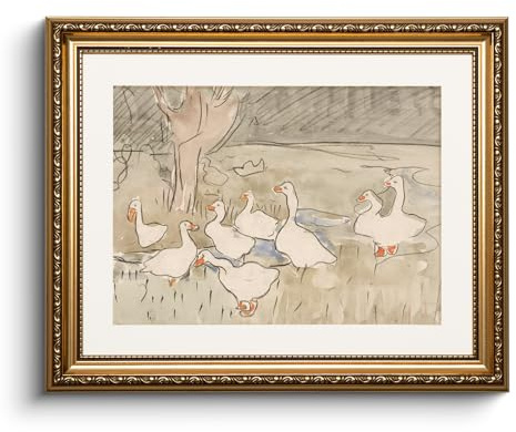 HUARCEY Leinwand Bilder mit Gold Rahmen, Vintage Wandbilder, Klassisch Wand Deko Wohnzimmer Schlafzimmer Badezimmer Küche, Bauernhaus Zimmer Deko Aesthetic, Ente Tier Painting, 33x40cm, klein