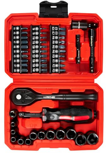LLNDEI 48 Piece 1/4 Inch Mini Socket Ratchet Wrench Set, Metric Shallow Socket (4-14mm) 6-Point,with 72 Teeth Mini Ratcheting Wrench, Screwdriver Bit Set, Universal Joints and 3 Inch Extensions