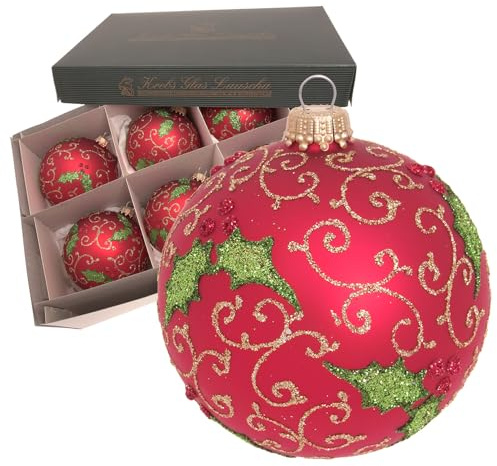 Krebs Glas Lauscha - Weihnachtsdekoration/Christbaumschmuck aus Glas - Kugeln Stechpalme und Strudel - Farbe: Rot Satin - Menge: 6 Stück - Größe: ca. 8 cm