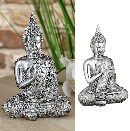 Cepewa Buddha sitzend | 12x17,5x7cm Silber Polyresin | Statue Skulptur Feng Shui Lotussitz | Wohndeko Meditation