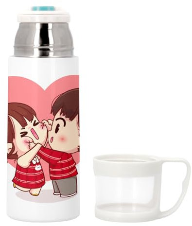 Thermoskanne aus Edelstahl mit integrierter Tasse – für Kinder, Paar, japanischer Stil, niedlich, Liebe, 350 ml – Thermosflasche
