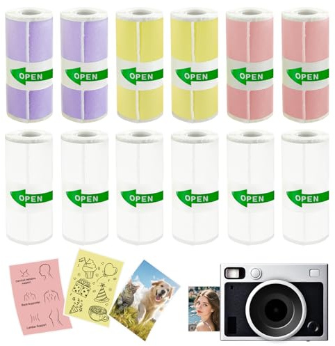 12 Rollen Thermopapier Selbstklebend,4 Farben Thermopapier für Kinderkamera 57 X 25mm Mini Drucker Papier,Thermodrucker Papier für Kleine Drucker, Kameras