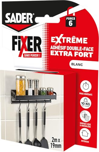 Sader Fixer Sans Percer Extrême - Supporte jusqu'à 10 KG | Adhésif Double Face Extra Fort - Intérieur - Surfaces multiples - Coloris: blanc - 2m x 19mm