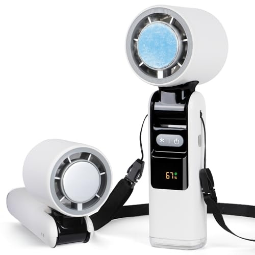Handheld Turbo Fan with Ice Cooler, Powerful Portable Fans Up to 10H Cooling Mini Fans 270° Foldable Personal Rechargeable Fan 1-100 Speed LED Display & Night Light for Women Men Outdoor (White)