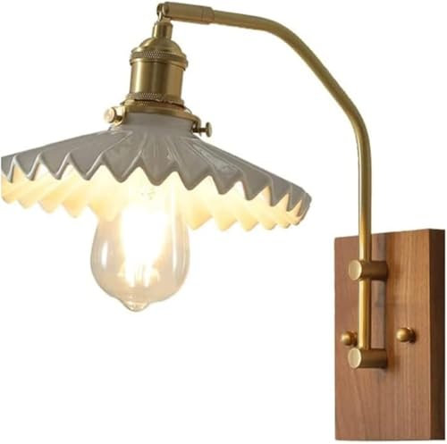 HTERWQEA Retro Industrial Copper Wall Lamp Walnut Base Ceramic Lampshade Wall Lantern E26/E27 Base Light Source Wall Sconce Bedroom Study Wall-Mounted Lighting Fixture