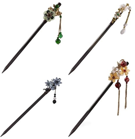 Chinesische Vintage-Haarspangen aus Holz mit Blumen und Quasten, Haarschmuck für Damen und Mädchen, 4 Stück