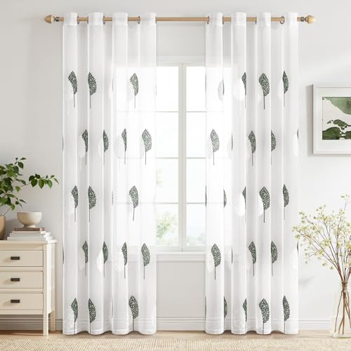 MIULEE Tende per Interni con Ricami Foglie Bianche e Verde Scuro 140x260 cm | 2 Pezzi Voile Tenda Finestra Interno Salotto, Moderne Tenda Trasparente Fantasia Tende Camera da Letto Soggiorno Occhielli