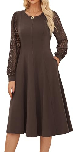 GRACE KARIN Elegant Women’s Midi Dresses Lace Long Sleeve Crew Neck A-Line Dresses Casual Solid Formal Cocktail Dress