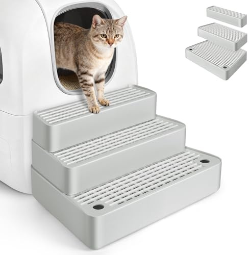 Bartuke Stor 3-stegs kattlådramp, justerbara kattsteg med filterfunktion, husdjurstrappor för kattungar och äldre katter, automatisk kattlåda (ljusgrå)