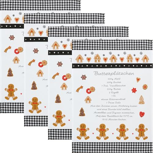Erwin Müller Geschirrtuch Butterplätzchen 4er-Pack Baumwolle schwarz-braun Größe 50x70 cm - strapazierfähig, saugstark, weihnachtliches Motiv