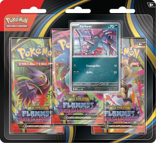 Pokémon : Blister mit DREI Mega Evolution Boosterpacks – Fantasmagorische Flammen – Farfuret aus dem Pokémon TCG (1 glänzende Promokarte und 3 Booster)