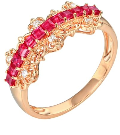 Lirzxin Anello Oro Rosa Donna 9K, Anelli Fedina Donna Brillante Fila Rubino Rosso Sintetico Quadrato da 0.62ct e Moissanite Anello per Fidanzata, Sposa Oro Rosa Misura 17