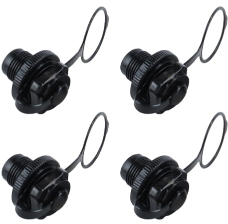 ACOLY 4 válvulas de repuesto para botes inflables, para remo, botes de SUP, colchones de aire, piscinas, 22 mm, color negro, con tapa de tres anillos.