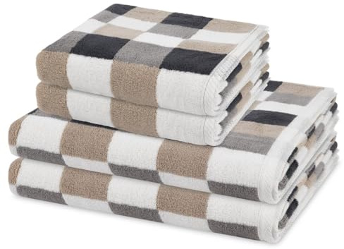 Ross 4er Set Cashmere Feeling Karo Handtücher & Duschtücher – Garngefärbter Walkfrottee 500 g/m² – Flauschig weich, saugstark & pflegeleicht – modischen Farben – Stilvoller Komfort - Braun/weiß