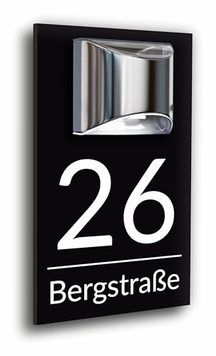 Premium Hausnummer beleuchtet mit LED Solar | individuell anpassbar | Acrylglas Schwarz Matt | 3D Effekt | Wetterfest H1023