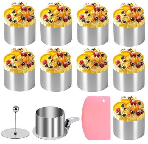 GAESHOW 10 Pezzi Anelli da Dessert E da Pranzo in Acciaio Inossidabile, Coppapasta Tondi da 8cm, con Pressa, Base E Raschietto Angolato, per Mousse Dolci Torte Fai da Te