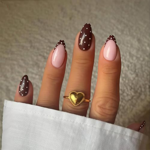 Zosutetoxo 24stück Braune Punkte Press On Nails Mandelform French Tip Design Glänzende Kunstnägel Vollständiges Maniküre Set
