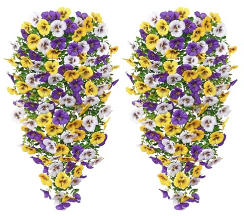 DEMIUKO 2PCS Artificial Hanging Flowers Outdoor Plants, White Yellow Purple | Faux Outdoor Flowers, Artificial Hanging Plants, Silk Flowers, Fake Hanging Baskets Decor for Home Garden Balcony Fence