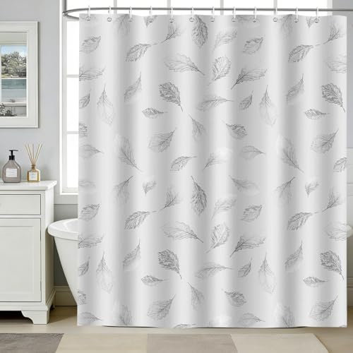 hometrixx Tenda Doccia 180x200cm Moderna Foglie Piuma Bianche Grigia | Impermeabile Poliestere, Antimuffa, Anti Grince, Tenda Vasca da Bagno con 12 Ganci, Lavabile in Lavatrice per Casa Hotel