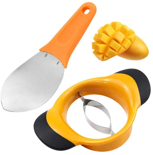Mango Cutter Slicer and Corer, Pineapple Cutter, Apple Slicer, Efficient Fruit Preparation Tool for Daily Snacking and Party Food Prep, 2-Piece Set with Stainless Steel Blades