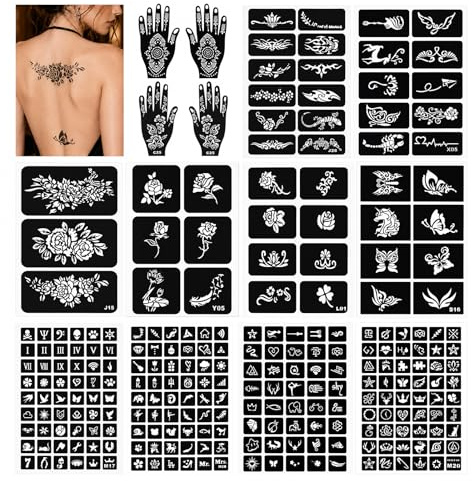 Wosyoodo 253 stycken henna stenciler set, tillfälliga tatueringsmallar för ansikte och kropp, återanvändbara gör-det-själv Mehndi-mallar för nybörjare, perfekt för festivalfest