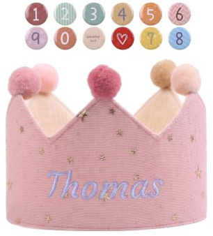 Gaosh Coronas de Cumpleaños Personalizada para Niños y Niñas con Nombres Bordados – Coronas de Cumpleaños Infantiles de Algodón con Numerados 0 al 9 Correas Ajustables Decoraciones Fiestas，Rosa