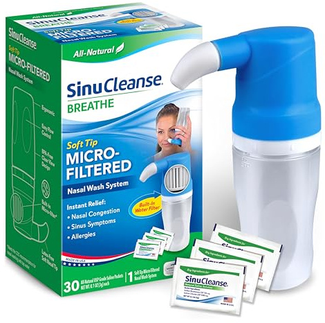 SinuCleanse Soft Tip Micro-Filtered Nasal Wash System, Relieves Nasal Congestion Due to Cold & Flu, Dry Air, Allergies, 30 All-Natural Saline Packets, Made in USA