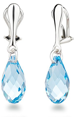 Schöner-SD Ohrclips Hänger 925 Silber Ohrringe Clip mit 17mm Kristall Briolette Aquamarin blau