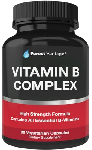 Purest vantage Vitamin B Complex Vitamins B12, B1, B2, B3, B5, B6, B7, B9, Folic Acid - Super B Complex Vitamins for Women, Men, Adults - 90 Vegetarian Capsules