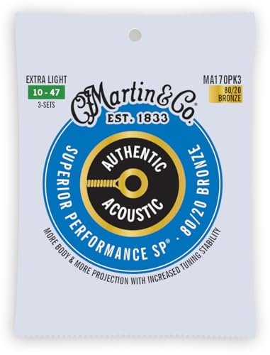 MARTIN 3er-Pack Akustikgitarrensaiten, Superior Performance Extra Light 10-47, 80/20 Bronze (MA170PK3)