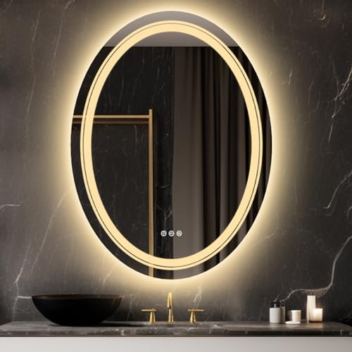LUVODI Bathroom Mirror with LED Lighting: 600 x 800 mm Oval Makeup Mirror with Dimmable LED Light, Anti-Fog, Touch Sensor, Memory Function, Wall Mounted Shaving Mirror,