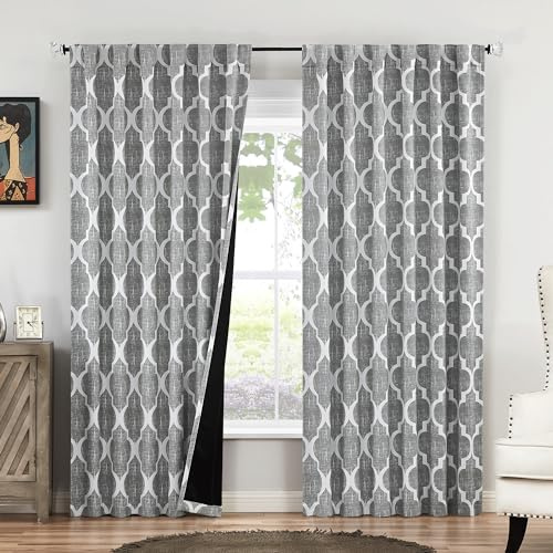Beauoop 100% Blackout Curtains 84 Inches Long 2 Panels for Bedroom Living Room Grey Moroccan Geo Room Darkening Thermal Insulated Soundproof Rod Pocket Back Tab Window Treatments Drapes, 50x84