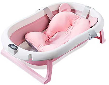 SONARIN Foldable Baby Bathtub with Temperature Sensing,Collapsible Bath Tub,Portable Safe Shower Basin with Cushion Pad Water Plug Non-Slip Support Leg for Newborn,Toddler,Infant(Pink)