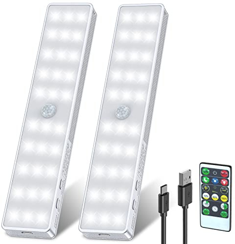 LED Closet Light, 30LEDs Dimmer USB Rechargeable Motion Sensor Light Under Cabinet Lighting with Remote Control, Wireless Stick-Anywhere Night Safe Light Bar for Wardrobe,Kitchen-2 Pcs