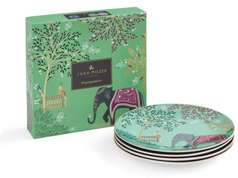 Portmeirion x Sara Miller London India Set of 4 Cake Plates - Fine China with 22ct Gold Detailing, Ceramic Dessert Plates, Suitable for Dining, Serving, Display and Special Occasions