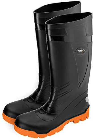 NEO TOOLS Gummistövlar S4 SRC, PVC, svart, foder av polyamidstickad, halkfri sula, motståndskraftig mot nötning, storlek 40–47 (eu_footwear_size_system, vuxen, numeric, medium, numeric_40)