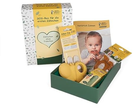 GRÜNSPECHT SOS-Box für die ersten Zähnchen mit Beißring, Fingerzahnbürste, Zahnpflege Baby, Zahnungshilfen, Geschenk Baby Geburt (GB-008)