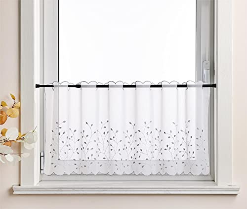 Delien Voile Scheibengardinen Küche »Grünland« B140 x H60 cm, Hellgrau | 1 Stück,Bistrogardine mit Stickerei,Transparent Kurzstores,Durchstangenzug Kurzgardinen,Kurzvorhang mit Blattmuster