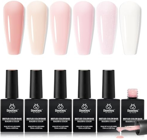 Beetles Color Base Gel-Nagellack, 6 Farben Nude Pink Gel-Nagellack-Set, neutraler Basislack, 3-in-1 Builder-Basis für Nagelhärter, Soak-Off-Nagelkunst, Geschenke für Frauen