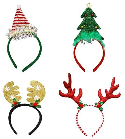 HSAJS 4 Stücke Weihnachten Haarreifen Weihnachtsmütze Stirnbänder Weihnachtsbaum Geweih Haarreif Rentier Haarbänder Kostüm Kopfbedeckung Kopfschmuck für Kinder Party Erwachsene