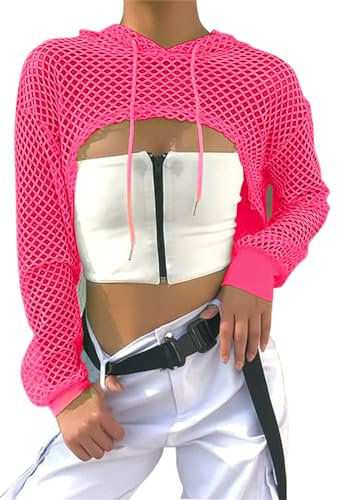 ELFIN Damen Netzshirt Netztop Netzhemd Crop Top 80er Jahre Outfits Karneval Fasching Motto Party Tops Netzoberteil Sommertops, Neon-Pink-Kapuze, L