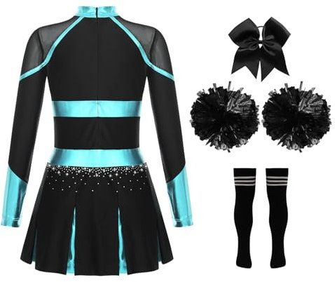 CHICTRY Kinder Mädchen Cheer Leader Kostüm Langarm Cheerleading Kleid Metallic Patchwork Tanzkleid Mit Schleife Stirnband Strümpfe Handblumen Tanzkostüm Blau Grün & Schwarz 170