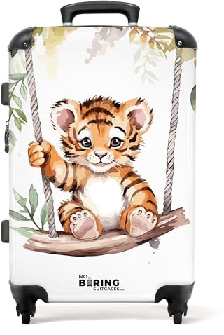 NoBoringSuitcases.com® Koffer Kinder Groß 67x43x25 cm Kinderreisekoffer Kinderkoffer mit Roller Leicht Trolly Große M Hartschalenkoffer Kind Tiger - Schaukel - Blätter