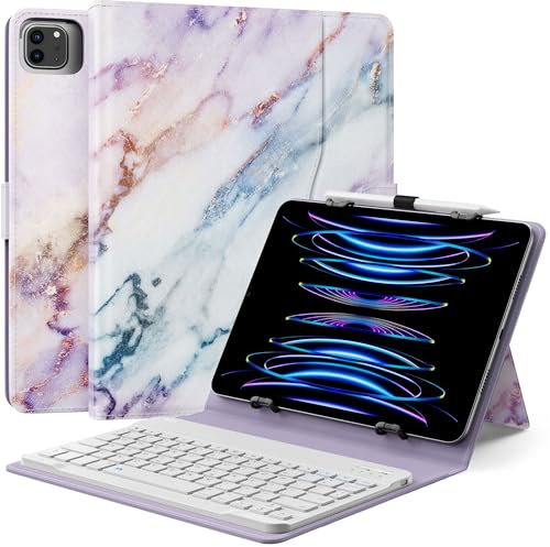 MoKo Universal Tablet Hülle mit QWERTY Tastatur für 9-11 Zoll, Lila Marmor | für iPad,Fire,Pixel,Android 9,9.7,10.1,10.2,10.4,10.5,10.9 Zoll mit Abnehmbarer Kabelloser Bluetooth-Tastatur & Stifthalter