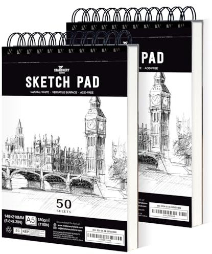 STATIONERY ISLAND Skizzenbuch, A5 Zeichenblock 180 g/m² Dickes Papier, 100 Seiten / 50 Bögen*2 Spiralgebundenes DIN Sketchbook 2 Packungen