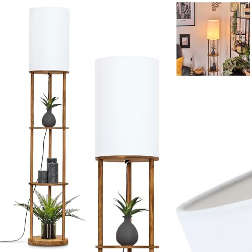 Stehleuchte Hamaa, Stehlampe aus Holz/Stoff in Naturfarben/Weiß, Leuchte im skandinavischen Design mit rundem Schirm (Ø 26 cm), Ablageflächen u. Fußschalter, Höhe 150,5 cm, 1 x E27, ohne Leuchtmittel