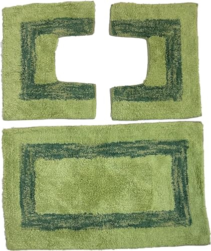 HOME ZEN HOUSEHOLD LINEN Set di tappeti da bagno JULIETTE, 3 pezzi, 100% cotone idrofilo superassorbente, 1 tappetino 47x78 cm + 2 tappetini 47x38 cm scendi bidet e scendi water (VERDE)