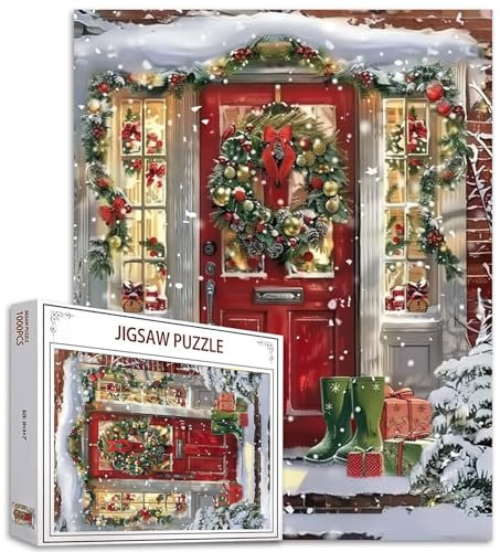 1000 Teile Puzzles für Erwachsene Tür Willkommen Weihnachtsbaum Schneemänner Weihnachtsmann Heiligabend Box Rot Glöckchen Puzzle Handarbeit Geschenk Home Decor Geschenke Familie Puzzle Perfekt