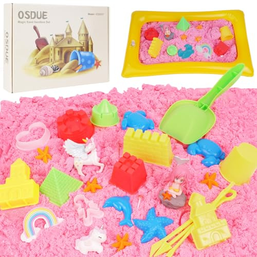 OSDUE Set Sabbia Magica per Bambini, 1000g Sabbia di Potenza Rosa Cinetica Colorata Profumata Magica del Castello Della Spiaggia Regalo con 50 Accessori per Bambini 3+
